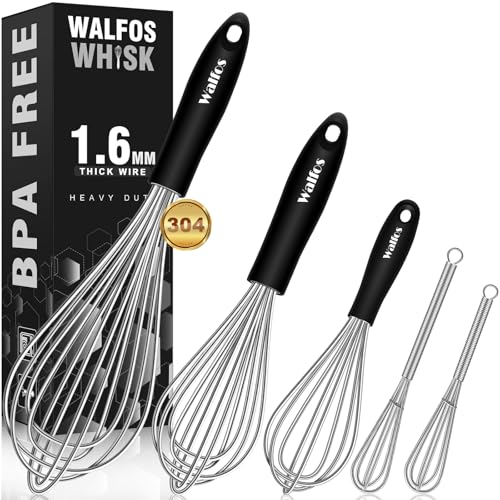 Stainless Steel Whisk Set with 7"+5" Mini whisks, Walfos Heavy Duty Whisks, Kitchen whisk (7+9+11in) Premium for Whisking, Blending, Beating, Frothing & Stirring.