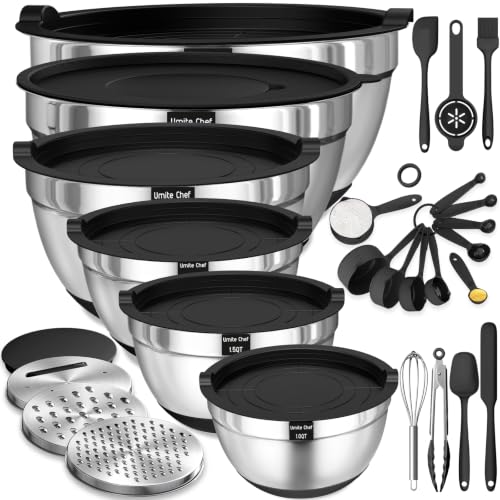 Thickened Heavy-Duty 26pcs Stainless Steel Bowl, Mixing Bowl Set with Lid, Grater Attachment, Non-Slip Bottom and Kitchen Gadget Set, Sizes 7, 4, 2.5, 2.0, 1.5, 1QT, Ideal for Mixing and Serving