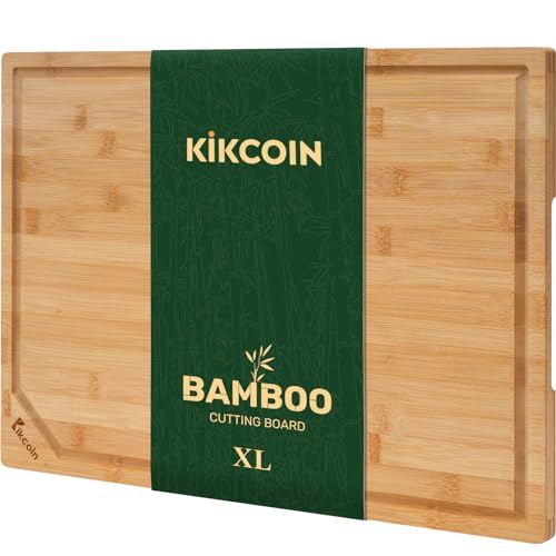 Kikcoin 17"×11" Bamboo Cutting Boards for Kitchen, Knife-Friendly Food Grade Wooden Cutting Boards for Kitchen, Charcuterie, Extra Large Chopping Boards with Deep Juice Groove, Reversible, Natural