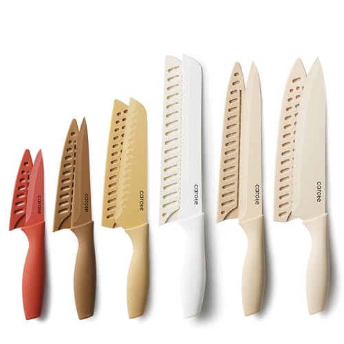 CAROTE Knife Set, 12 Pieces Kitchen Knife Set, 6 Stainless Steel Knives with Blade Guards & Nonstick Ceramic Coating, Rustproof, Color-Coded, Ergonomic Handles