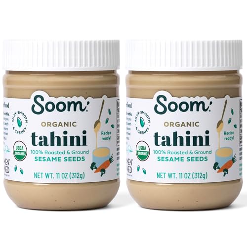 Soom Foods Organic Tahini 11oz (2 Pack) | Roasted & Ground Sesame Seed Paste | Creamy Tahini for Dubai Chocolate, Hummus, Sauces | Vegan, Nut-Free, Gluten-Free, Kosher, Keto, Paleo, Whole30