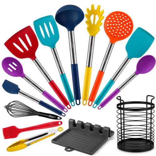 HOTEC Silicone Kitchen Cooking Utensils Set, 14pcs Multicolor