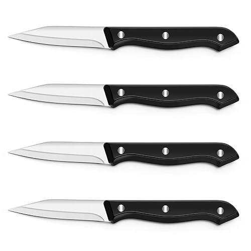 BEWOS 4-Piece Paring Knife Set - Paring Knives with Ergonomic Handle, 3.5 Inch Triple Rivet Paring Knives, Stainless Steel Black Parers for Vegetable, Fruit & Kitchen Use