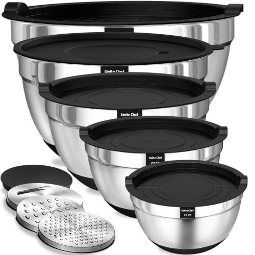 Umite Chef Mixing Bowls with Airtight Lids Set, 8PCS Stainless Steel Nesting Bowls Set, 3 Grater Attachments & Non-Slip Bottoms, Size 5, 4, 3.5, 2, 1.5QT for Baking & Mixing(Black)