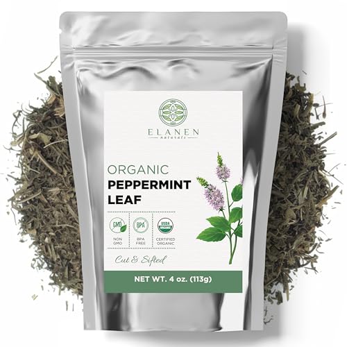 Elanen Naturals Organic Peppermint Leaves 4 oz. (113g), USDA Certified Organic Peppermint Tea Loose Leaf, Dried Mint, Dry Mint Tea Bulk, Cut & Sifted
