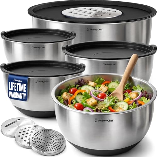 Priority Chef Stainless Steel Mixing Bowls with Lids Set, 3 Grater Attachments, Airtight Lids, Non-Slip Silicone Base Mixing Bowl Set, Large Prep Metal Mixing Bowls for Kitchen, Black