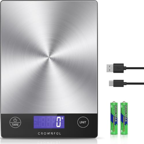 CROWNFUL Food Scale, 33lb Rechargeable 304 Stainless Steel Digital Kitchen Scale Weight Grams and Ounces with LCD Display and Type-C Charging for Meal Prep, Baking and Cooking