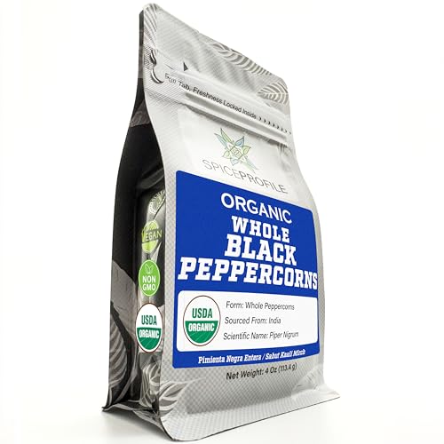 Spice Profile USDA Organic Whole Black Peppercorns, 4 oz | Sun-Dried Kali Mirch | Lab Tested for Heavy Metals | Premium Pimienta Negra en Granos | Fresh Refill for Pepper Grinders