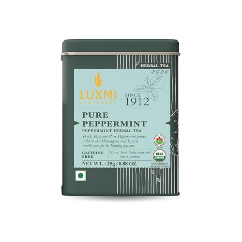 Luxmi Estates Pure Peppermint Tea | Loose Leaf in Resealable Tin, 25g (0.88oz, 12 Cups) | USDA Organic Single-Ingredient Whole Leaf Peppermint | Caffeine-Free Herbal Infusion, Vegan (25 gm)