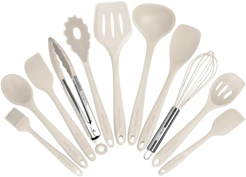 Kitchen Utensil Set - 11 Cooking Utensils - Colorful Silicone Kitchen Utensils - Nonstick Cookware with Spatula Set - Colored Best Kitchen Tools Kitchen Gadgets (Khaki)