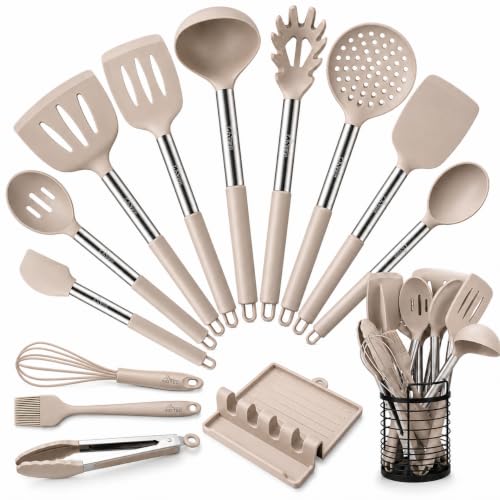 HOTEC 446°F Heat Resistant Silicone Kitchen Utensils, Cooking Utensil Set, Spatula Set, BPA Free, Kitchen Gadgets, With Stainless Steel Utensils Holder, Dishwasher Safe 14pcs Khaki