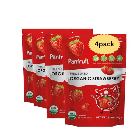 Panfruit Organic Freeze-Dried Strawberries – Whole Fruit Snack, 4 Single Packs (0.53 oz Each), No Sugar Added, Non-GMO, Vegan
