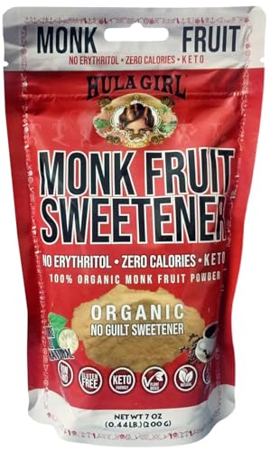 Hula Girl Monk Fruit Sweetener 100% Organic Monk Fruit Juice Powder Extract, No Erythritol, Zero Calories and Carbs, Keto and Diabetic-Friendly, 7 Oz (0.44LB) 200 Grams Bag