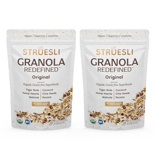 Struesli Original Organic Granola, Grain & Gluten Free, Healthy Snacks with Chia Seeds, Nuts & Sea Salt, Prebiotic High Fiber Food for Yogurt, Cereal & More, Plant Based, Keto & Paleo, 9 Oz, 2 Pack