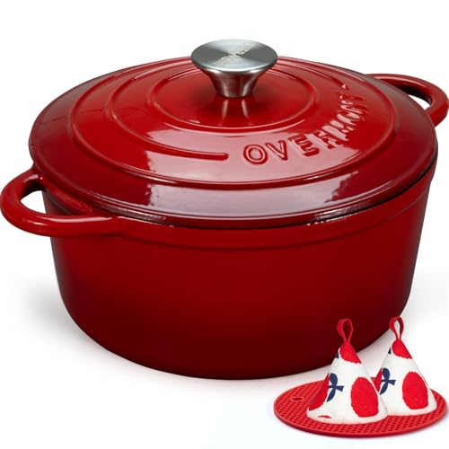 Overmont Enameled Cast Iron Dutch Oven - 7QT Pot with Lid Cookbook & Cotton Potholders - Heavy-Duty Cookware for Braising, Stews, Roasting, Sourdough Baking red