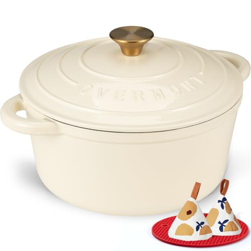 Overmont Enameled Cast Iron Dutch Oven - 7QT Pot with Lid Cookbook & Cotton Potholders - Heavy-Duty Cookware for Braising, Stews, Roasting, Sourdough Baking Cream White