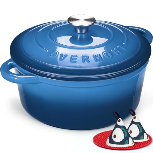 Overmont Enameled Cast Iron Dutch Oven - 4.5QT Pot with Lid Cookbook & Cotton Potholders - Heavy-Duty Cookware for Braising, Stews, Roasting, Sourdough Baking blue