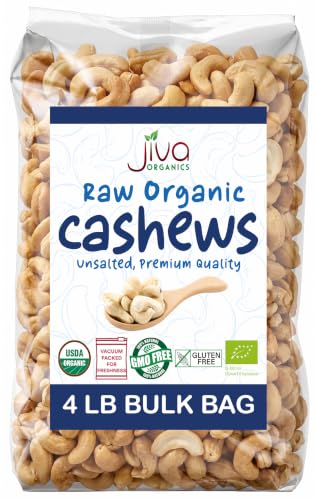 Organic Raw Cashews 4 LB LARGE Bag, Gluten-Free, Non-GMO, Vegan, Whole Raw Nuts, Unsalted, Unroasted, Crunchy & Healthy Snack, For Baking & Cooking by Jiva Organics