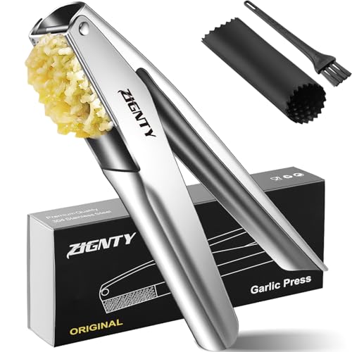 ZIGNTY Garlic Press Stainless Steel, Premium Garlic Mincer No Need to Peel