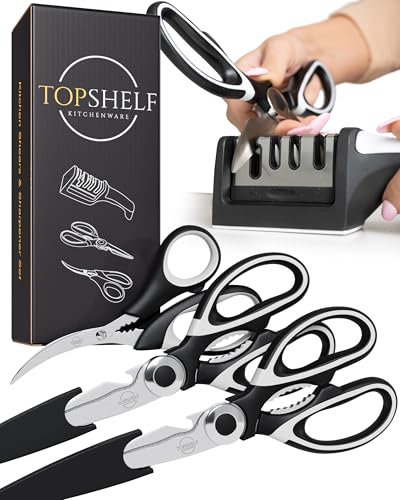 Heavy Duty Kitchen Shears With Sharpener - Lifetime Replacement Warranty* - Multipurpose Stainless Steel Scissors for Food - Sharp Food-Grade Kitchen Scissor for Meat, Seafood, Poultry - 4 Piece Set