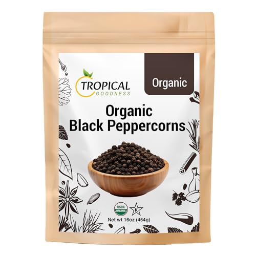 Tropical Goodness Organic Black Peppercorns Whole 1 lb (16 oz) — Ceylon Highlands, Steam Sterilized, Lab-Tested for Heavy Metals, USDA Organic & Kosher Certified, Non-GMO Grinder Refill