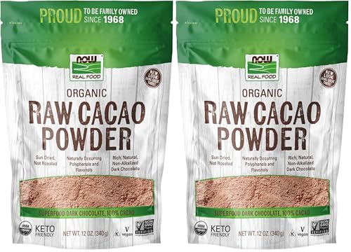 NOW Foods, Organic Raw Cacao Powder, with Polyphenols and Flavonols, Sun-Dried, Intensely Rich Flavor, 12-Ounce (Packaging May Vary) (Pack of 2)