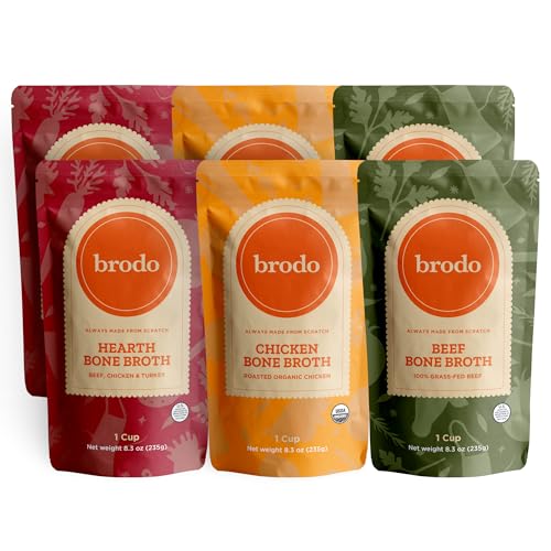 Brodo Classic Variety Pack with Collagen & Protein, Includes Organic Chicken, 100% Grass-Fed Beef, & Hearth Bone Broths for Sipping & Cooking, Nutrient-Dense & Slow-Simmered for Deep Flavor (6x 8.3oz)