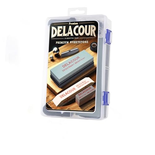 Delacour 7pcs sets Knife Sharpening Stone Kit, including 3pcs Dual Grit Whetstone White Corundum, Angle Guide,Self Adherent Cohesive Bandage and Cleaning Cloth,Polishing Combination