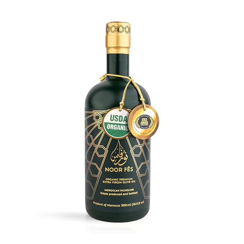 NOOR FÈS 20+ Awards EVOO | Polyphenol Rich 584 mg/kg | USDA Organic Extra Virgin Olive Oil | Moroccan Picholine | Cold Extracted Olive Oil | Great Gift for Chefs | 17 Oz.