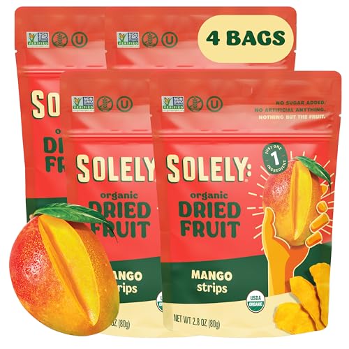 SOLELY - Organic Dried Mango Strips (2.8 oz Resealable Bags, Pack of 4) - Real Fresh Fruit - 1 Ingredient - Healthy Snacks for Adults & Kids - Non GMO, Vegan Snacks, Shelf Stable - 4 Bags (11.2 oz)