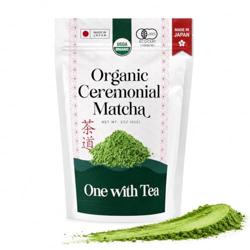 ONE WITH TEA Organic Ceremonial Matcha Powder, Stone-Ground Japanese Green Tea, Premium Grade, Made in Japan, 2 oz (60 g)