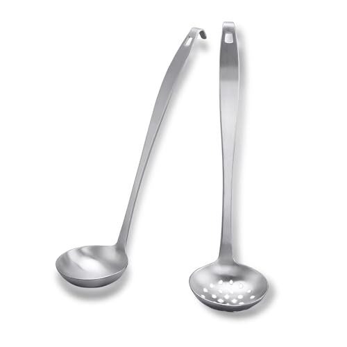 Stainless Steel Soup Ladle,Serving Ladle Scoop And Slotted Spoon Set Of 2 with Hook and Hole for Easy Hanging,Cooking Utensils Set for Kitchen