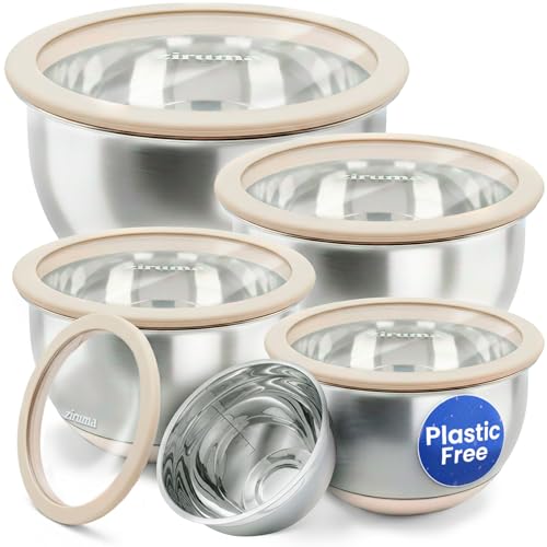 Non-Toxic Stainless Steel Mixing Bowls, Glass Lids, Plastic Free, 5-Pcs