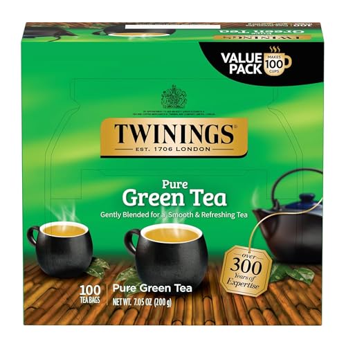 Twinings Pure Green Tea Individually Wrapped Bags, 100 Count (Pack of 1), Smooth & Refreshing, Caffeinated, Enjoy Hot or Iced, 100 Teabags