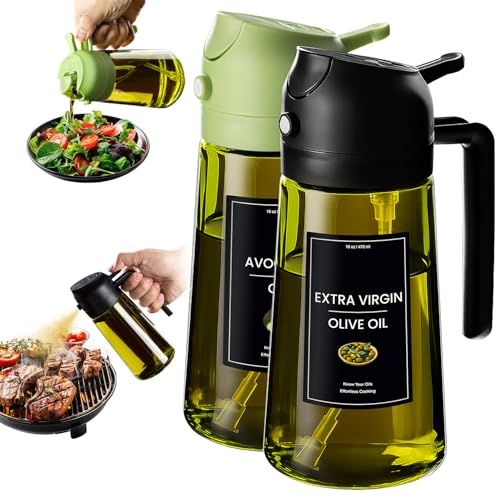 CXINYI - 16oz/470ml Olive Oil Dispenser for Kitchen with Stickers - 2 in 1 Olive Oil Sprayer for Cooking, Air Fryer, and Salad, Black&Green (Light-Proof Kitchen Gadget)