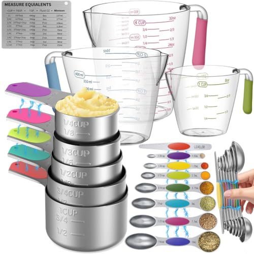 Minteem Magnetic Stainless Steel Measuring Cups and Spoons Set for Cooking & Baking, 3 Plastic Measuring Cups, 5 Magnetic Measuring Cups, 7 Magnetic Measuring Spoons, 1 Leveler, 1 Measuring Chart