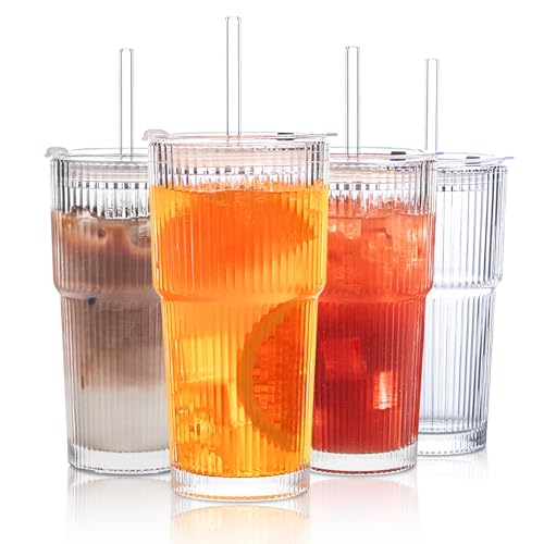 INSETLAN 20 oz Ribbed Glass Tumblers with Lids and Glass Straws – 4-Piece Glassware Set, Thickened Wall, Ideal for Iced Coffee, Smoothies, Cocktails, and Juices – Elegant and Durable Drinkware