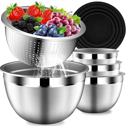 DUTZUN Mixing Bowls with Lids Set, Stainless Steel Mixing Bowls with Colander, Strainer with Mixing Bowl Set, Serving Bowl Kitchen Gift, Size 4.5, 2.5, 2, 1.5QT - Black