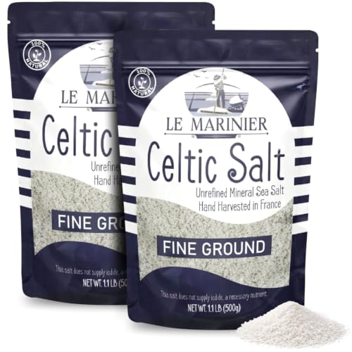 Le Marinier Celtic Salt Organic Fine Ground, 1.1lb - 18oz, Pack of 2. Mineral Rich Unrefined 100% Natural, Hand Harvested Mineral French Sea Salt (1.1lb Fine Ground - Pack of 2)