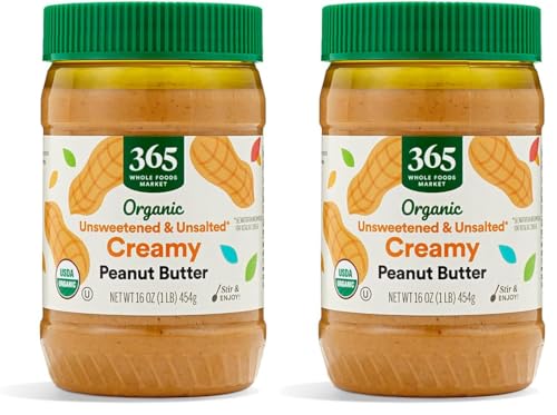 365 by Whole Foods Market, Organic Creamy Peanut Butter No Salt Added, 16 Ounce (Pack of 2)