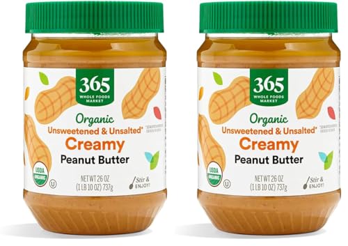 365 by Whole Foods Market, Organic Creamy Peanut Butter, Unsweetened & Unsalted, Stir and Enjoy, 26 Ounce (Pack of 2)