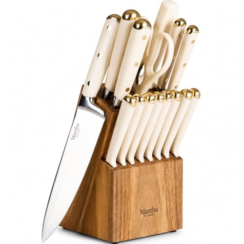 Martha Stewart Knife Block Set 16-Piece - Lockton High Carbon Stainless Steel Forged Full Tang Chef Knives, Acacia Wood Block, Triple Riveted Handles, Linen White & Gold