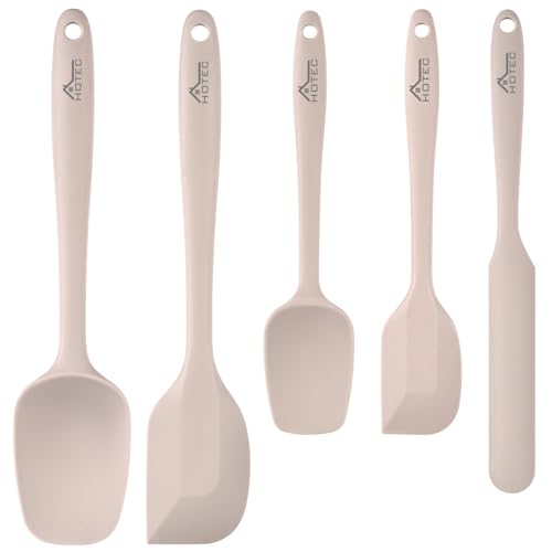 HOTEC 600℉ Heat Resistant BPA-Free Silicone Rubber Spatula Set,Kitchen Cooking Spatulas, Baking, Mixing for Non Stick Cookware, Dishwasher Safe, Set of 5, Khaki