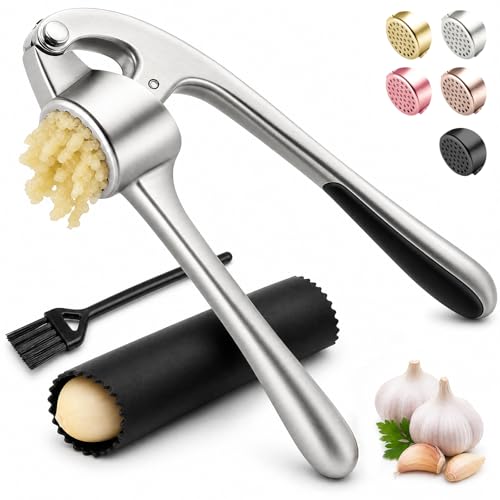 Kitchen Garlic Press, Rust Proof & Dishwasher Safe Garlic Mincer, Durable Garlic Crusher Set with Peeler＆Brush, Easy to Clean and Squeeze, Matte