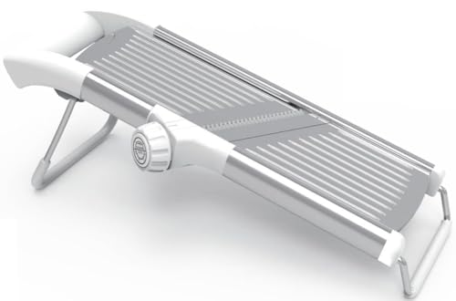 Gramercy Adjustable Mandoline Food Slicer, Mandoline Slicer for Kitchen, Mandolin, Potato, Tomato, Carrot, Vegetable, Fruit and Onion Cutter, Stainless Steel, INCLUDING Cut-Resistant Gloves, White PRO