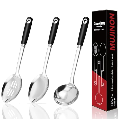 MUJINON 14-in Cooking Spoons Set, Heavy Duty 18/0 Stainless Steel Large Serving Spoons Set, Slotted Spoon, Cooking Spoon & Soup Ladle, Commercial and Residential Use, Pack of 3