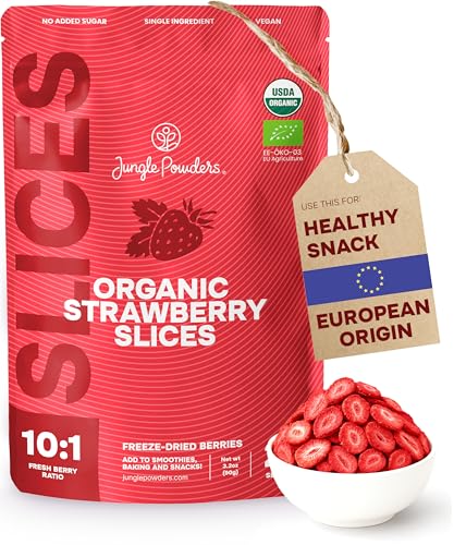 Jungle Powders Freeze Dried Strawberries Organic USDA Certified Strawberry Slices 3.2 Ounce Bag Premium Dry Fruit Healthy Snacks for Kids - Non-GMO, Vegan Keto No Sugar Added Gluten Free Office Snacks
