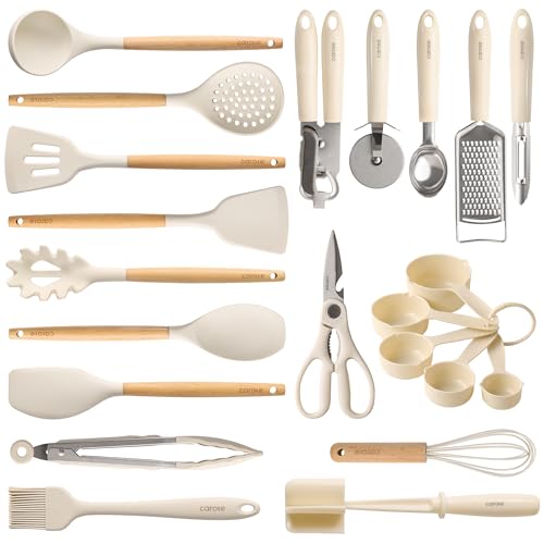 CAROTE 22-Piece Cooking Utensils Set with Wood Cool-Touch Handles, Cream | Silicone Kitchen Utensil, Food Grade, Nonstick Cookware Friendly, BPA-Free, Heat-Resistant, Everyday Home Essentials, Gifts