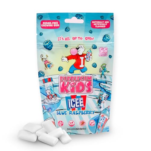 ICEE Blue Raspberry Sugar Free Gum by Bubblegum Kids | Sugarless Gum with Xylitol | Vegan, Peanut Free, Low Calorie Candy Alternative for Kids & Adults | Resealable Bag, 55 Pieces Per Pack, 1 Pack