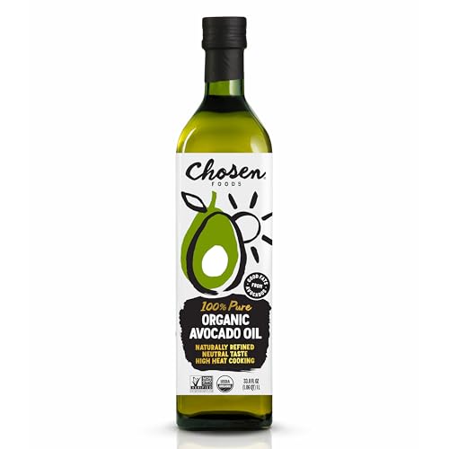Chosen Foods Organic Avocado Oil, 33.8 Fl Oz - Refined USDA Organic Cooking Oil made from 100% Pure Avocados - Non-GMO, Gluten-Free, Keto Friendly, Glyphosate Free - 1 Liter (Pack Of 1)